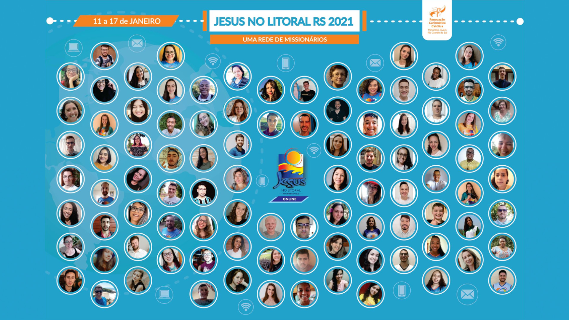 Jesus no Litoral RS 2021 : Uma rede de missionários. A imagem mostra em círculos as fotos dos participantes do projeto
